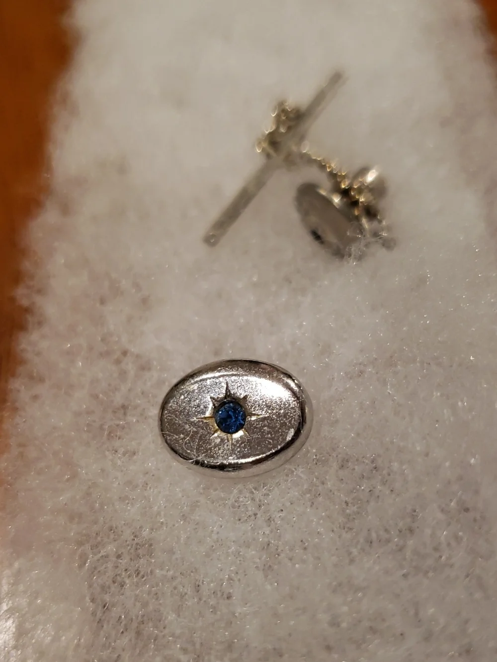 Vintage Silver Oval Tie Tac with Blue Accent